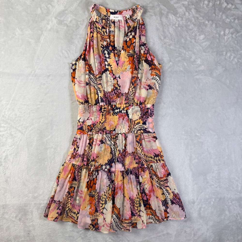 A.L.C Courtney 100% Silk Mini Dress Size 2 Midnight/Rose Floral MultiColor